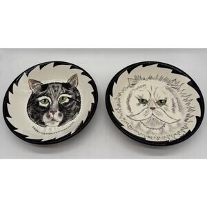 Cats By Nina 8” Ceramic Bowls Green Eyed Tabby And Green Eyed Persian Handpainte